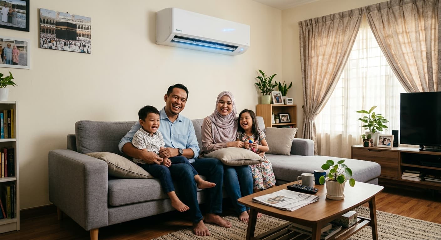 Keluarga gembira menikmati kesejukan aircond Xiaomi di rumah